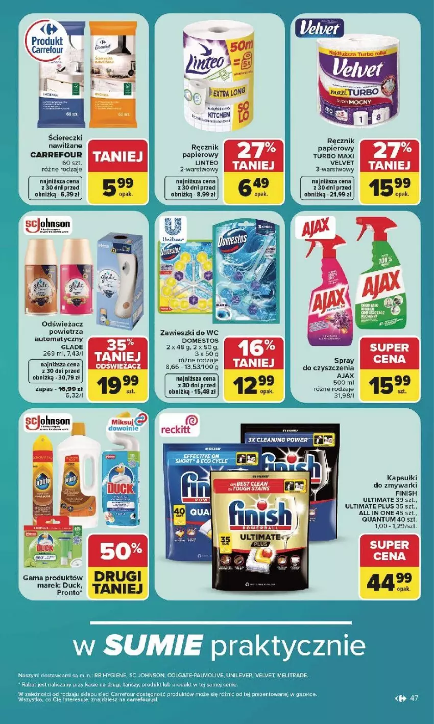 Gazetka promocyjna Carrefour - Gazetka Carrefour, Market w SUMIE najlepsz, od poniedziałku - ważna 27.07 do 01.08.2026 - strona 49 - produkty: Ajax, Domestos, Duck, Finish, Odświeżacz powietrza, Papier, Pronto, Ręcznik, Ser, Velvet, Zawieszki, Zmywarki
