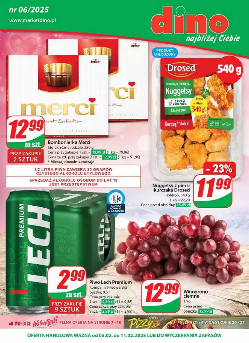 Gazetka promocyjna Dino - ważna 05.02 do 11.02.2025 - strona 1 - produkty: Fa, JBL, Kurczak, Lech Premium, Merci, Piwo, Wino