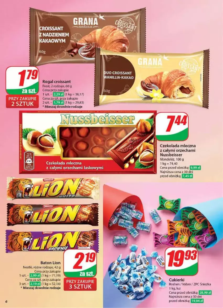 Gazetka promocyjna Dino - ważna 05.02 do 11.02.2025 - strona 56 - produkty: Baton, Croissant, Cukier, Cukierki, Czekolada, Czekolada mleczna, Fa, Lion, Rogal, Ser