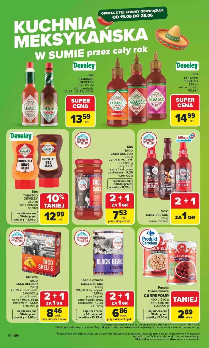 Gazetka promocyjna Carrefour - Gazetka Carrefour, Market w SUMIE najlpeszy, od poniedziałku - ważna 15.06 do 20.06.2026 - strona 16 - produkty: Fa, Fasola, Mus, Ser, Sos, Sos tabasco