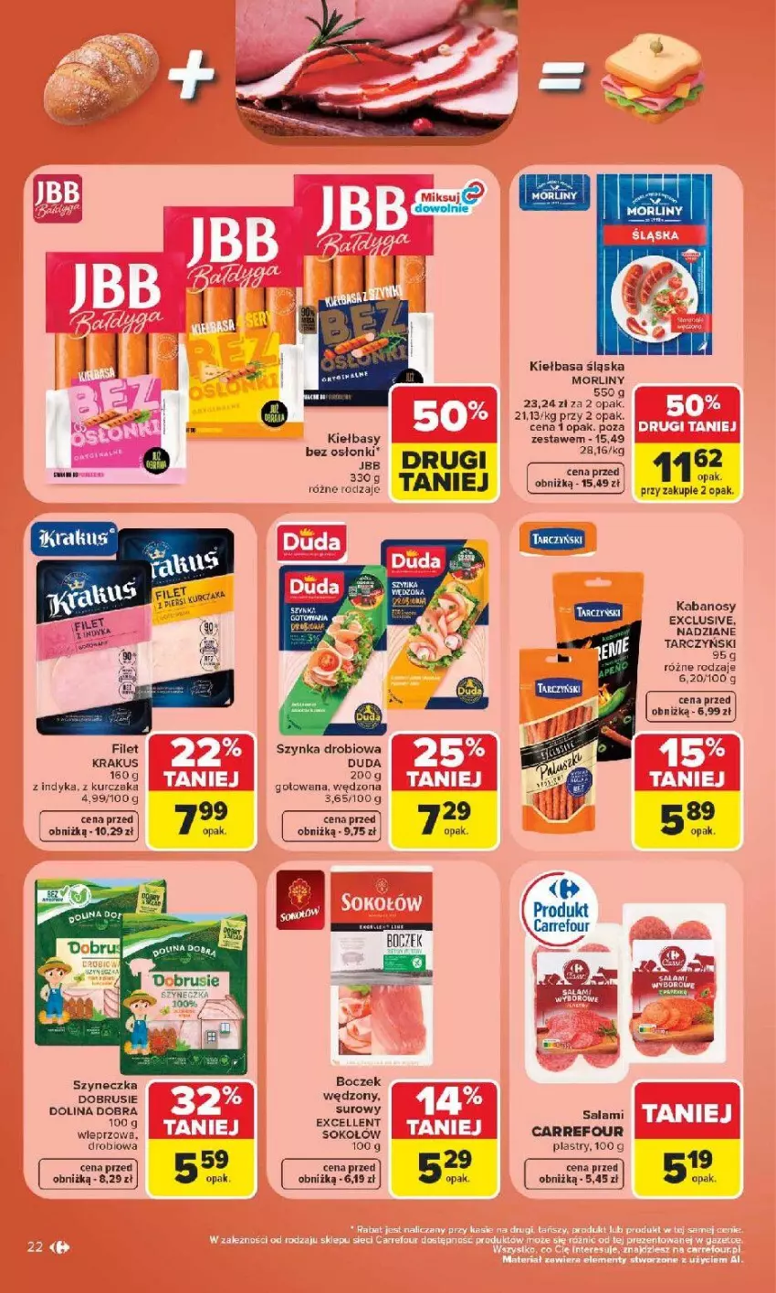 Gazetka promocyjna Carrefour - Gazetka Carrefour, Market w SUMIE najlpeszy, od poniedziałku - ważna 15.06 do 20.06.2026 - strona 24 - produkty: Boczek, Duda, Kabanos, Kiełbasa, Kiełbasa śląska, Krakus, Kurczak, Morliny, Obrus, Salami, Sok, Sokołów, Sos, Szynka, Tarczyński