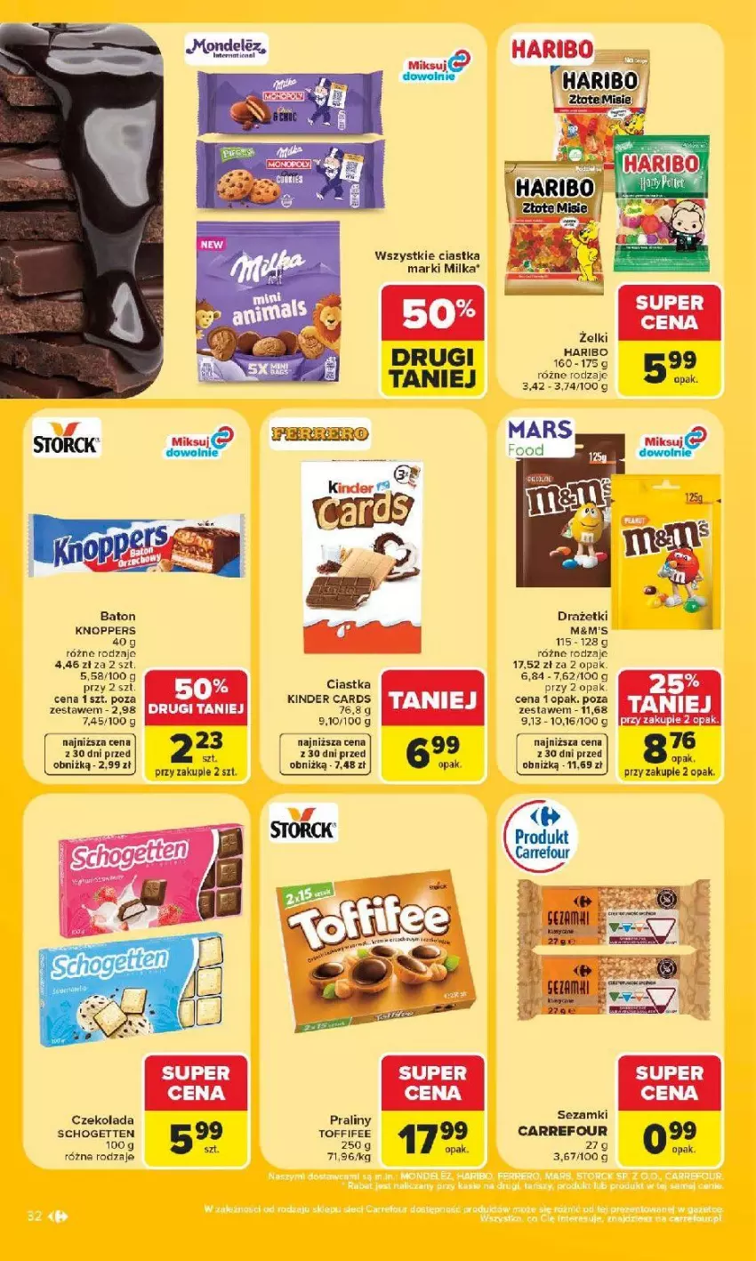 Gazetka promocyjna Carrefour - Gazetka Carrefour, Market w SUMIE najlpeszy, od poniedziałku - ważna 15.06 do 20.06.2026 - strona 34 - produkty: Ciastka, Czekolada, Fa, Haribo, Kinder, Knoppers, Milka, Praliny, Schogetten, Sezam, Toffifee