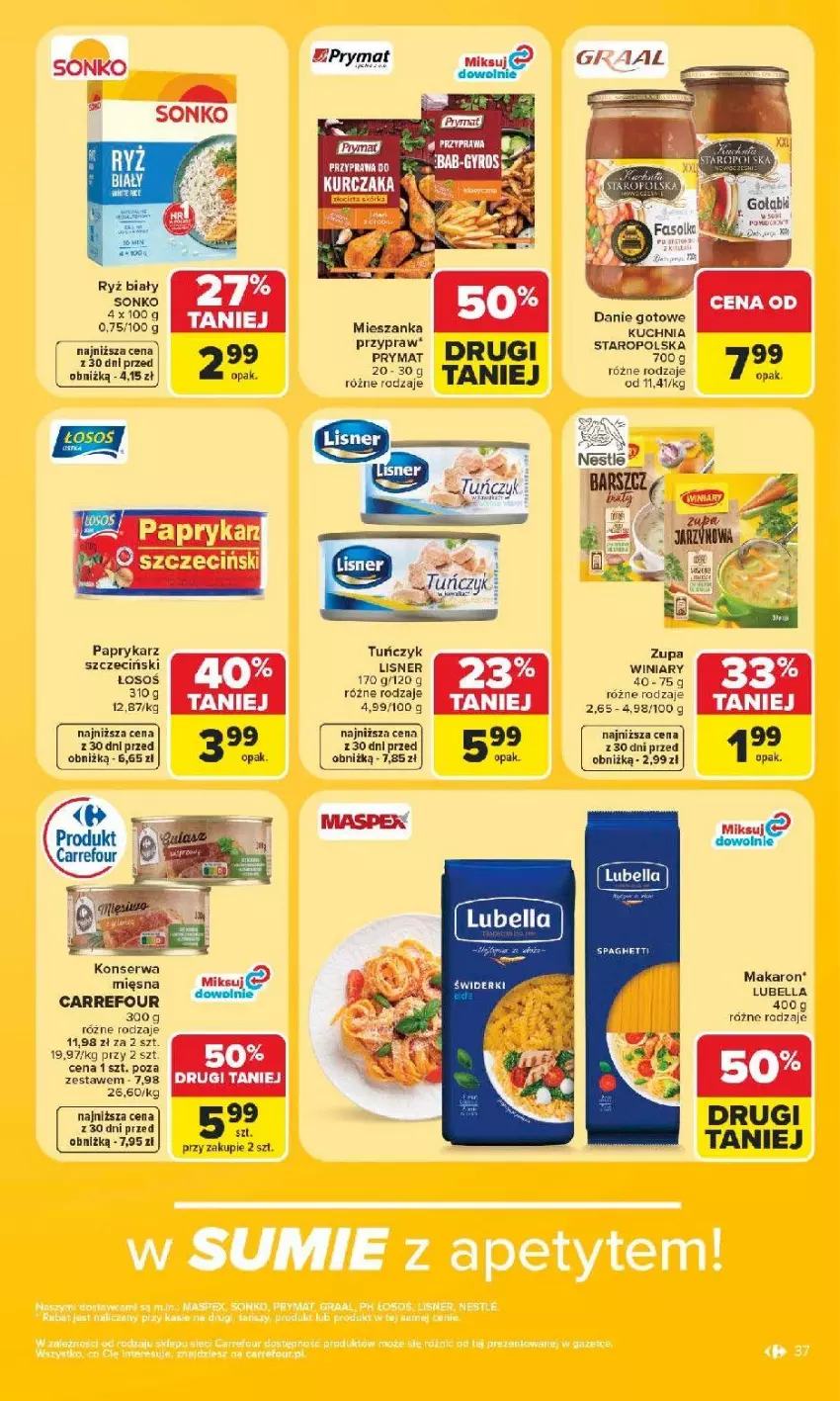 Gazetka promocyjna Carrefour - Gazetka Carrefour, Market w SUMIE najlpeszy, od poniedziałku - ważna 15.06 do 20.06.2026 - strona 39 - produkty: Bell, Bella, Danie gotowe, Kuchnia, Kurczak, Lisner, Lubella, Makaron, Papryka, Paprykarz, Paprykarz szczeciński, Prymat, Ryż, Ryż biały, Ser, Sonko, Spaghetti, Tuńczyk, Winiary, Zupa