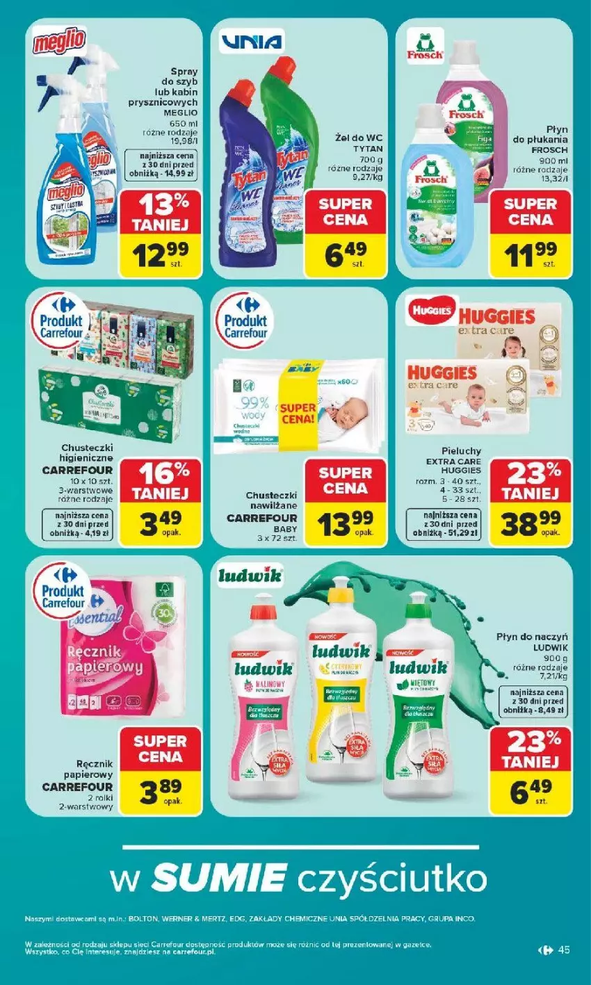 Gazetka promocyjna Carrefour - Gazetka Carrefour, Market w SUMIE najlpeszy, od poniedziałku - ważna 15.06 do 20.06.2026 - strona 47 - produkty: Chusteczki, Fa, Frosch, Huggies, Ludwik, Papier, Pieluchy, Ręcznik, Rolki, Tytan