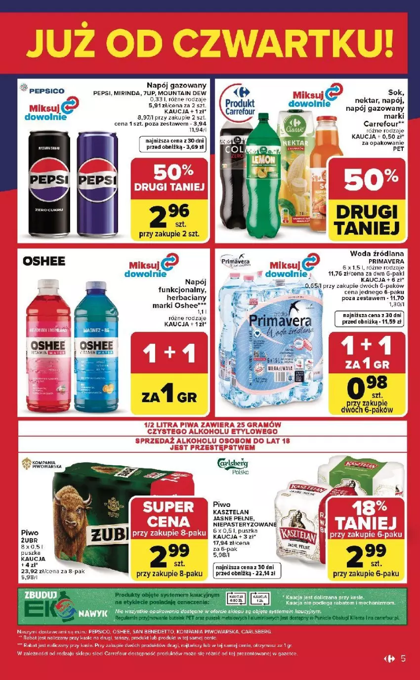 Gazetka promocyjna Carrefour - Gazetka Weekend okazji już od czwartku! - ważna 09.04 do 11.04.2026 - strona 5 - produkty: Carlsberg, Fa, Kasztelan, LANA, Napój, Napój gazowany, Nektar, Oshee, Pepsi, Piwa, Piwo, Prima, Primavera, Sok