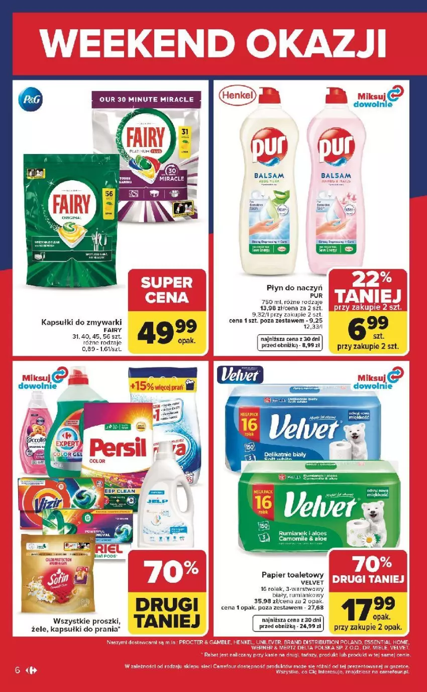 Gazetka promocyjna Carrefour - Gazetka Weekend okazji już od czwartku! - ważna 09.04 do 11.04.2026 - strona 6 - produkty: Fa, Fairy, Kapsułki do prania, Papier, Papier toaletowy, Pur, Rum, Ser, Velvet, Zmywarki