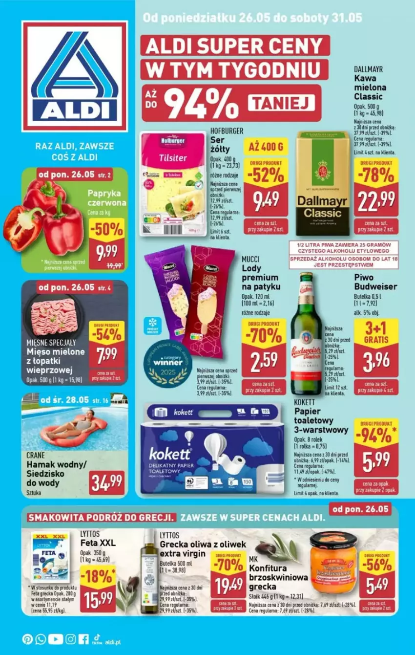 Gazetka promocyjna Aldi - ważna 25.05 do 31.05.2025 - strona 1 - produkty: Dallmayr, Fa, Feta, Gra, Kawa, Kawa mielona, Konfitura, Mięso, Mięso mielone, Oliwa, Oliwa z oliwek, Papier, Papier toaletowy, Piwo, Ser, Smakowita