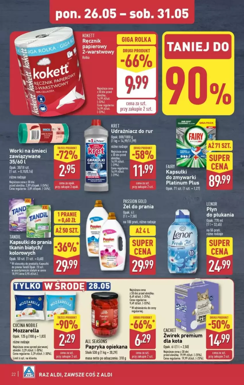 Gazetka promocyjna Aldi - ważna 25.05 do 31.05.2025 - strona 58 - produkty: All Seasons, Kapsułki do prania, Kret, Mozzarella, Papier, Papryka, Płyn do płukania, Worki na śmiec, Worki na śmieci, Zmywarki