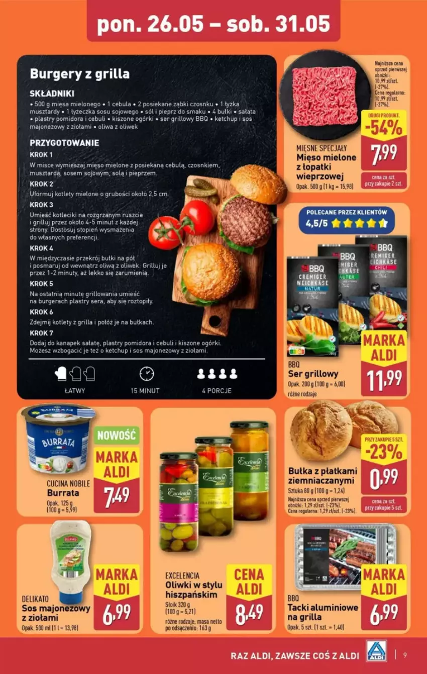 Gazetka promocyjna Aldi - ważna 25.05 do 31.05.2025 - strona 78 - produkty: Bułka, Burger, Cebula, Grill, K2, Ketchup, Kotlet, Majonez, Mus, Nuty, Oliwa, Oliwa z oliwek, Oliwki, Pieprz, Por, Rum, Sałat, Ser, Sól, Sos, Top