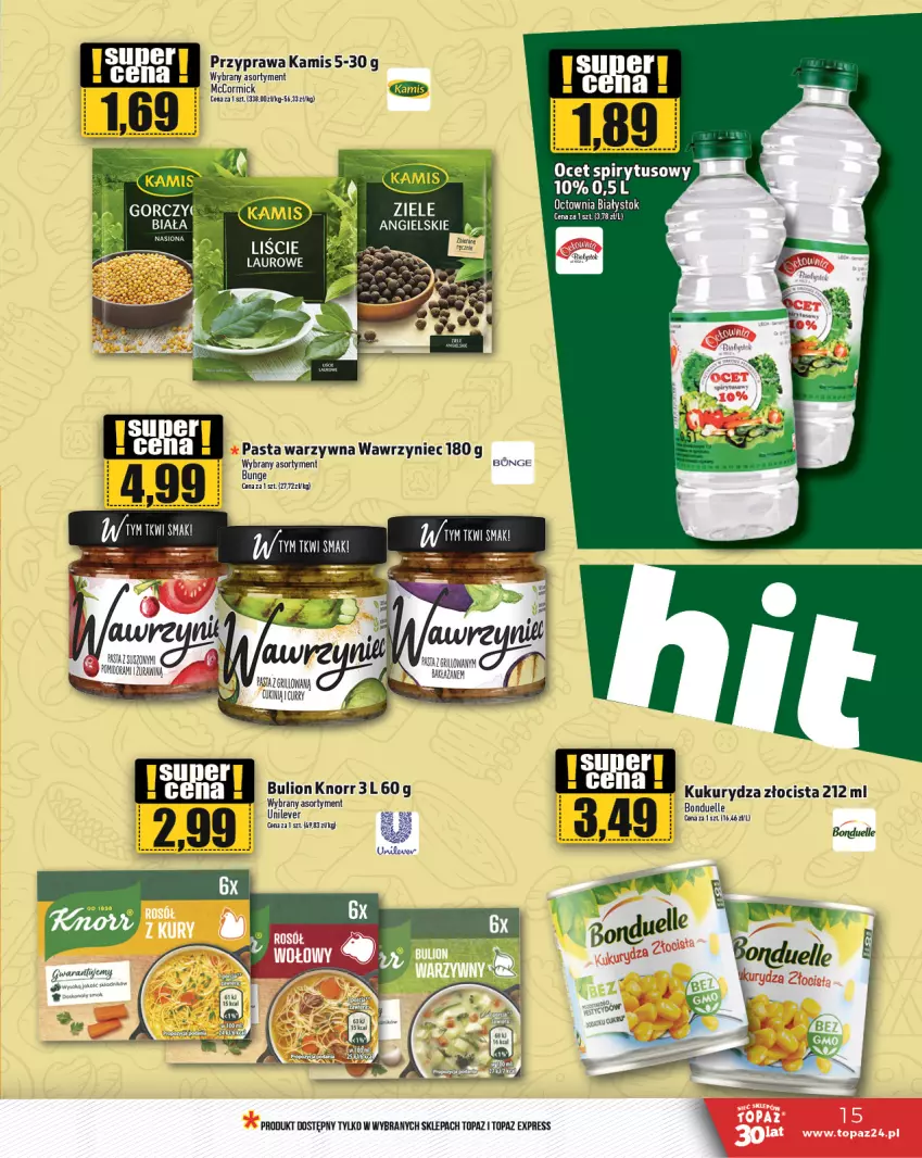 Gazetka promocyjna Topaz - Gazetka - ważna 06.07 do 12.07.2023 - strona 15 - produkty: Bonduelle, Bulion, Kamis, Knorr, Laur, Lion, Ocet, Pasta warzywna, Top