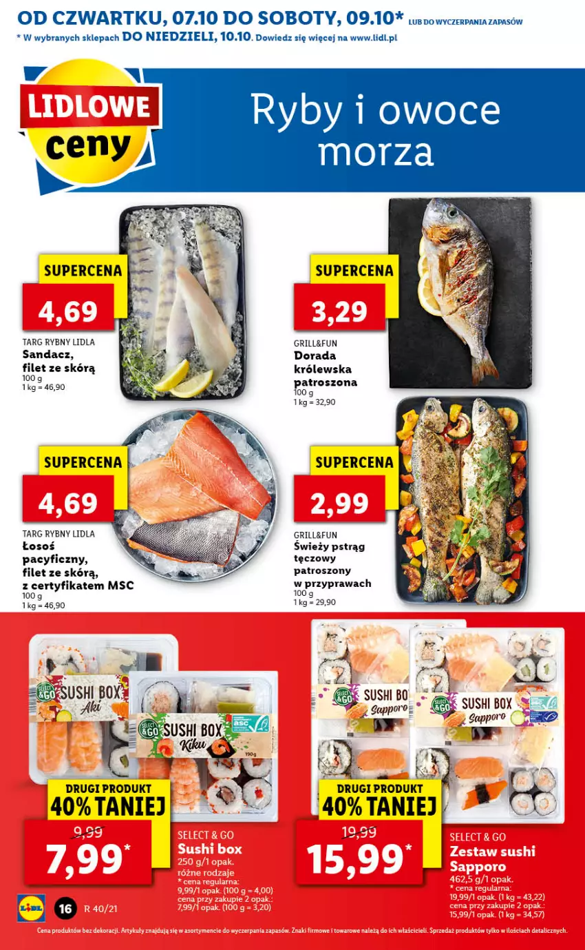 Gazetka promocyjna Lidl - GAZETKA - ważna 07.10 do 10.10.2021 - strona 16 - produkty: Grill, LG, Por, Pstrąg, Pstrąg tęczowy, Sandacz, Sushi