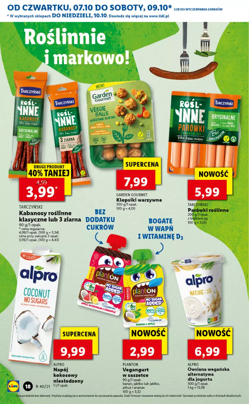 Gazetka promocyjna Lidl - GAZETKA - ważna 07.10 do 10.10.2021 - strona 18 - produkty: Alpro, Ananas, Arbuz, Jogurt, Kabanos, Klopsiki, Kokos, Napój, Parówki, Tarczyński, Vegangurt