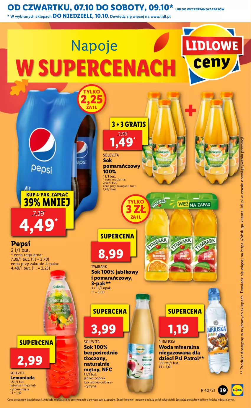 Gazetka promocyjna Lidl - GAZETKA - ważna 07.10 do 10.10.2021 - strona 40 - produkty: Dzieci, Gra, Lemoniada, Mięta, Napoje, Ogórek, Pepsi, Psi Patrol, Sok, Sok pomarańczowy, Tymbark, Woda, Woda mineralna