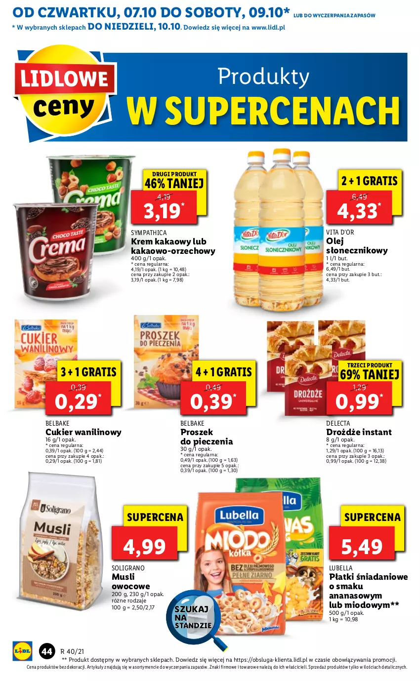 Gazetka promocyjna Lidl - GAZETKA - ważna 07.10 do 10.10.2021 - strona 45 - produkty: Ananas, Bell, Bella, Cukier, Cukier wanilinowy, Danio, Delecta, Drożdże, Gra, Kakao, Lubella, Mus, Olej, Olej słonecznikowy, Piec, Proszek do pieczenia, Soligrano