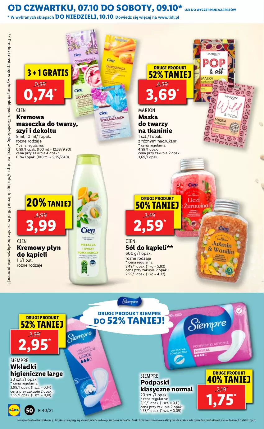 Gazetka promocyjna Lidl - GAZETKA - ważna 07.10 do 10.10.2021 - strona 51 - produkty: Gra, Maska, Maska do twarzy, Płyn do kąpieli, Podpaski, Sól, Sól do kąpieli, Wkładki