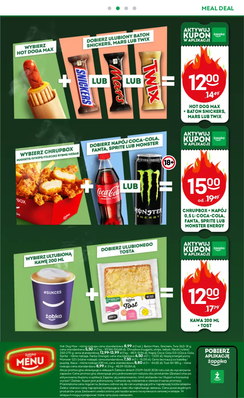 Gazetka promocyjna Żabka - gazetka-promocyjna-39-40-2026 - ważna 23.09 do 06.10.2026 - strona 57 - produkty: Baton, Coca-Cola, Fa, Fanta, Hot dog, Kawa, Kebab, Mars, Napój, Napój energetyczny, Snickers, Sprite, Tran, Twix