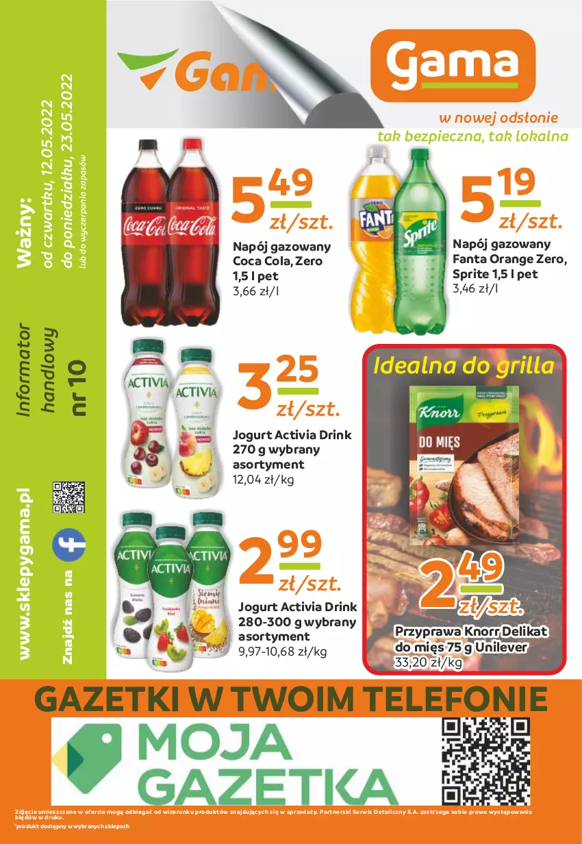 Gazetka promocyjna Gama - Gazetka Gama - ważna 23.05.2022 do 12.05.2023 - strona 12 - produkty: Activia, Fa, Fanta, Grill, Jogurt, Knorr, Napój, Napój gazowany, Piec, Ser, Sprite, Telefon