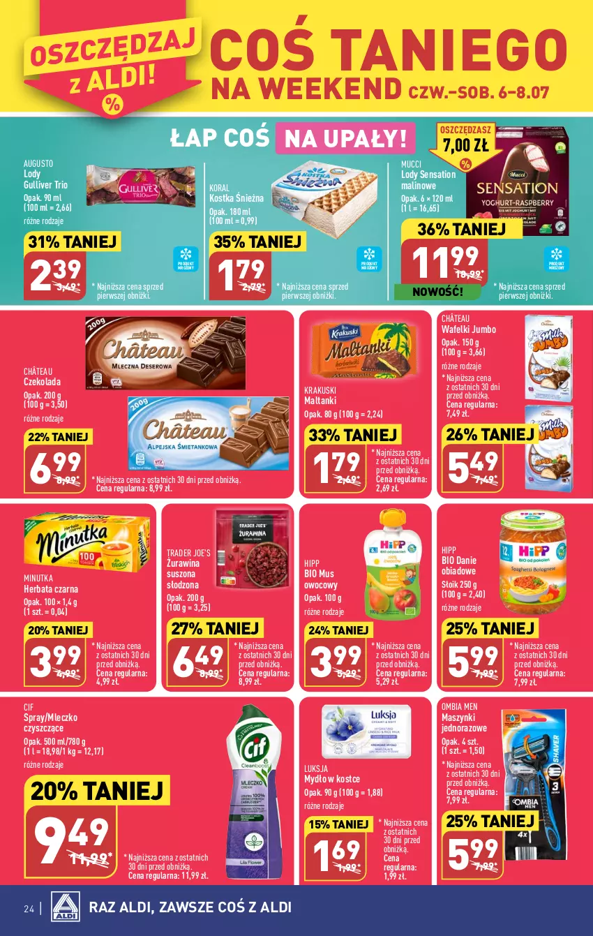 Gazetka promocyjna Aldi - Pełen katalog od 3.07 - ważna 03.07 do 08.07.2023 - strona 24 - produkty: Cif, Czekolada, Herbata, Herbata czarna, HiPP, Krakus, Krakuski, Lody, Luksja, Mleczko, Mus, Mydło, Sati