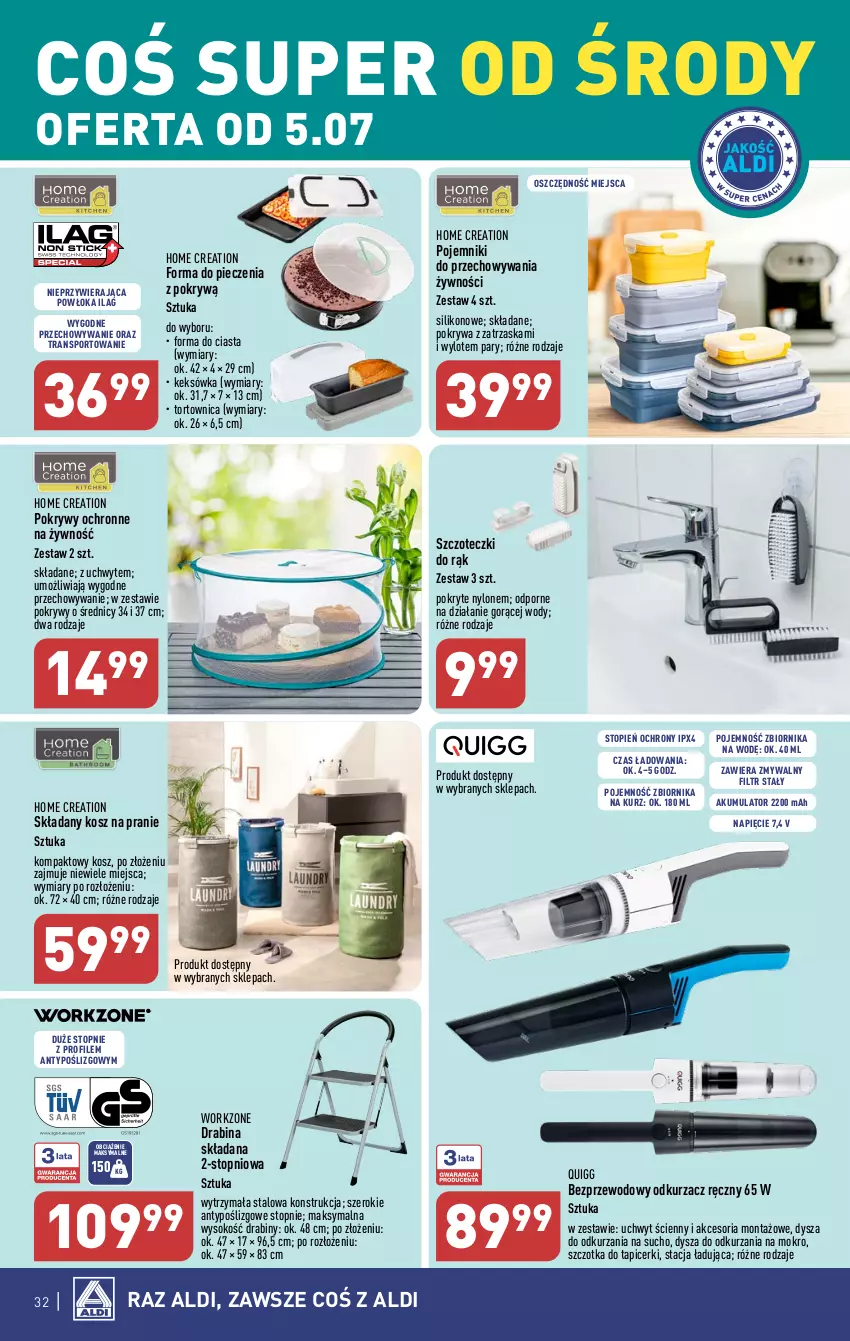 Gazetka promocyjna Aldi - Pełen katalog od 3.07 - ważna 03.07 do 08.07.2023 - strona 32 - produkty: Akumulator, Drabina, Forma do pieczenia, Keksówka, Kosz, Odkurzacz, Piec, Pojemnik, Pokrywa, Por, Sok, Sport, Szczotka, Top, Tortownica, Tran