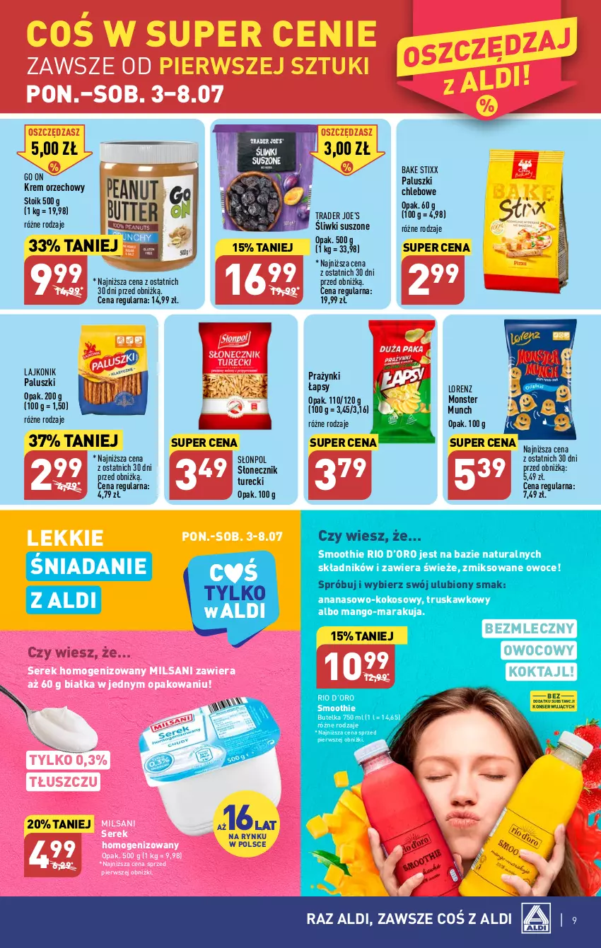 Gazetka promocyjna Aldi - Pełen katalog od 3.07 - ważna 03.07 do 08.07.2023 - strona 9 - produkty: Ananas, Chleb, Kokos, Krem orzechowy, Lajkonik, Lorenz, Mango, Monster Munch, Owoce, Ser, Serek, Serek homogenizowany, Słonecznik turecki, Słonpol, Smoothie