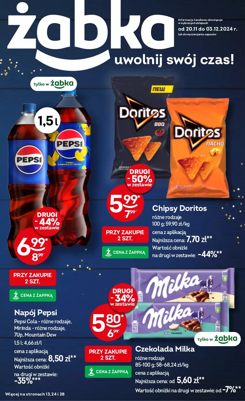 Gazetka promocyjna Żabka - ważna 20.11 do 03.12.2024 - strona 1 - produkty: 7up, Chipsy, Czekolada, Milka, Mirinda, Napój, Pepsi