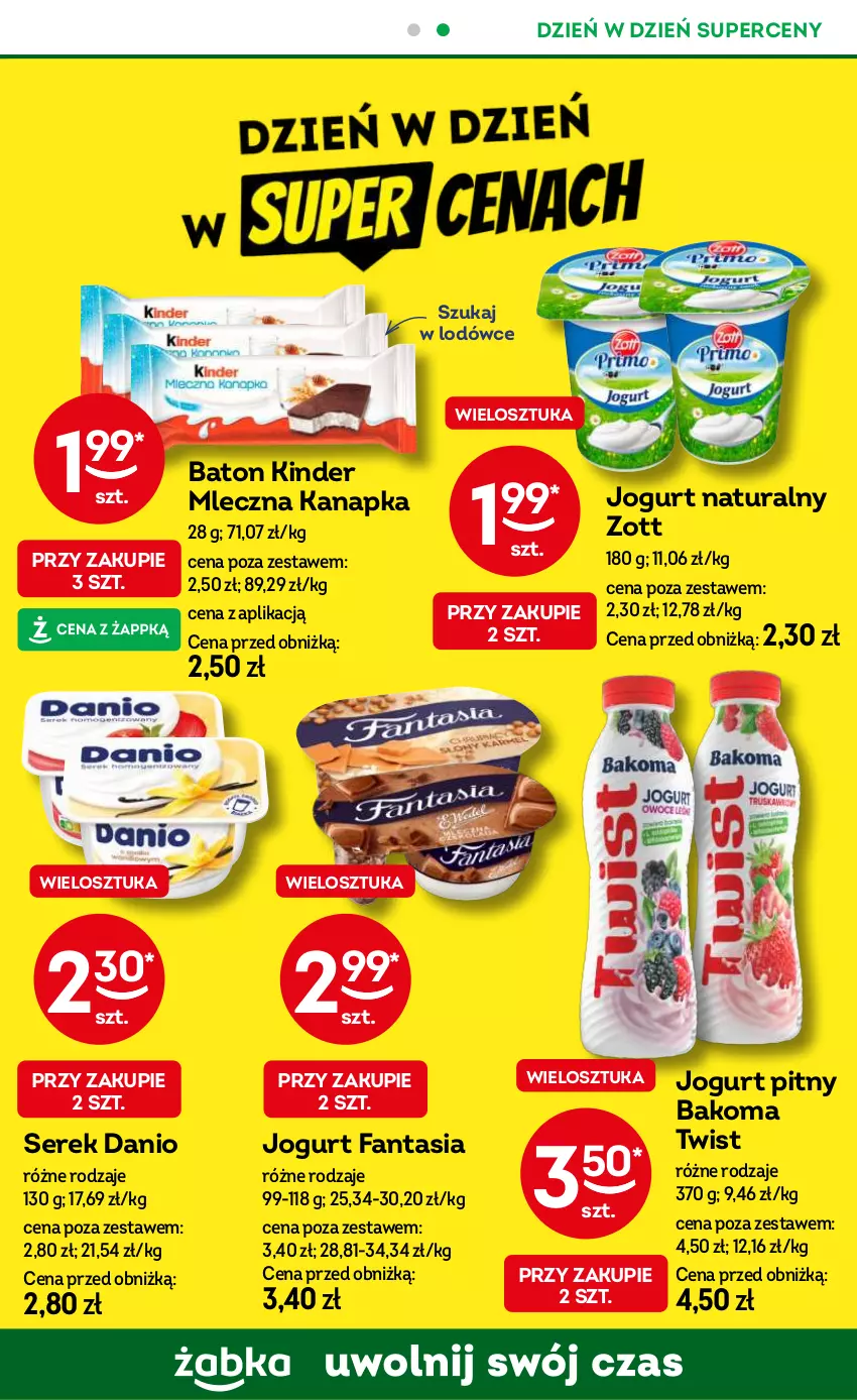 Gazetka promocyjna Żabka - ważna 20.11 do 03.12.2024 - strona 49 - produkty: Bakoma, Baton, Danio, Fa, Fanta, Jogurt, Jogurt naturalny, Jogurt pitny, Kinder, Mleczna kanapka, Ser, Serek, Zott