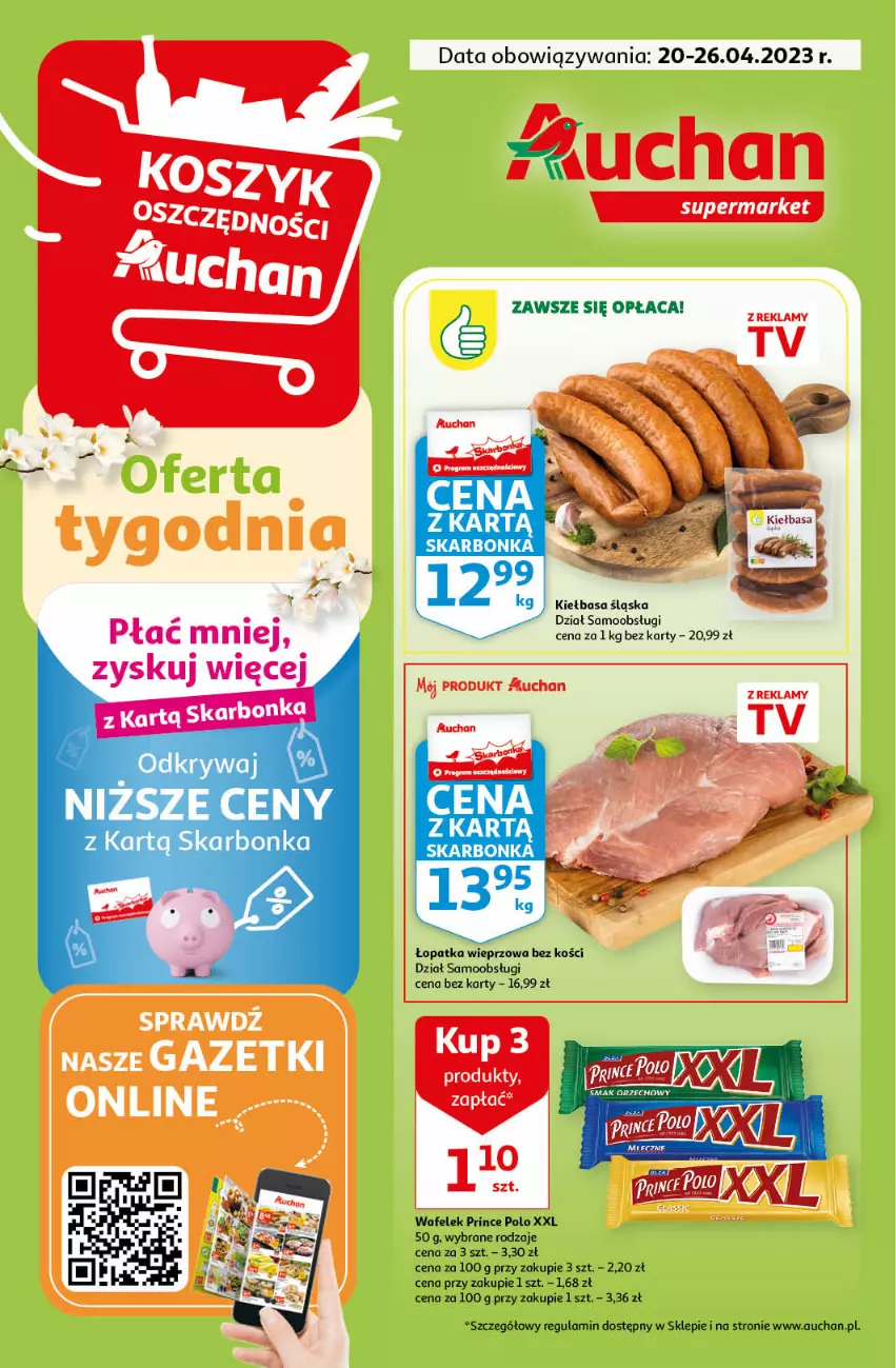 Gazetka promocyjna Auchan - Gazetka Oferta Tygodnia Supermarket Auchan - ważna 20.04 do 26.04.2023 - strona 1 - produkty: Kiełbasa, Kiełbasa śląska, Prince Polo, Wafelek