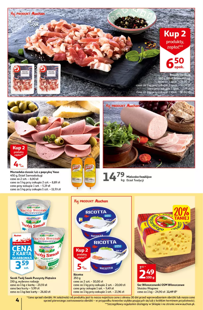 Gazetka promocyjna Auchan - Gazetka Oferta Tygodnia Supermarket Auchan - ważna 20.04 do 26.04.2023 - strona 4 - produkty: Boczek, Fa, O nas, Piątnica, Ricotta, Ser, Serek, Twój Smak, Włoszczowski