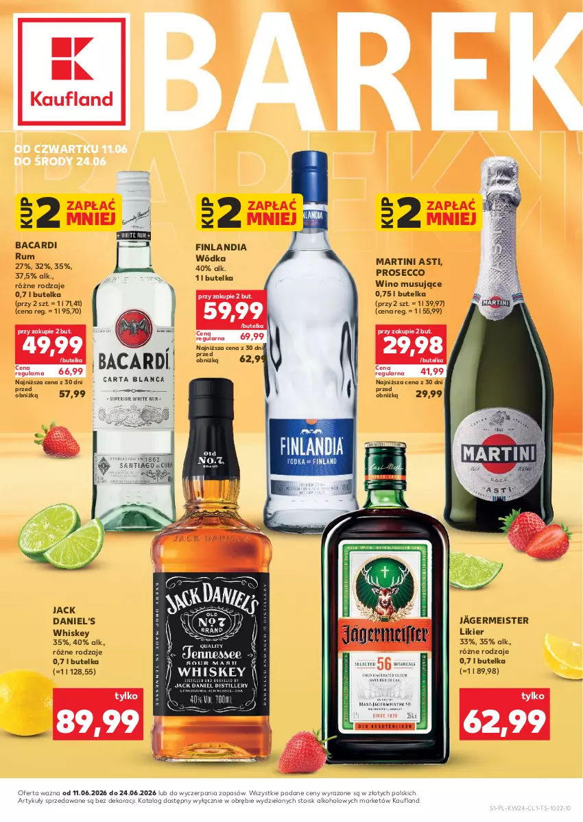 Gazetka promocyjna Kaufland - Barek Kauflandu - ważna 11.06 do 24.06.2026 - strona 1 - produkty: Bacardi, Finlandia, Likier, Martini, Mus, Prosecco, Rum, Whiskey, Wino, Wino musujące, Wódka