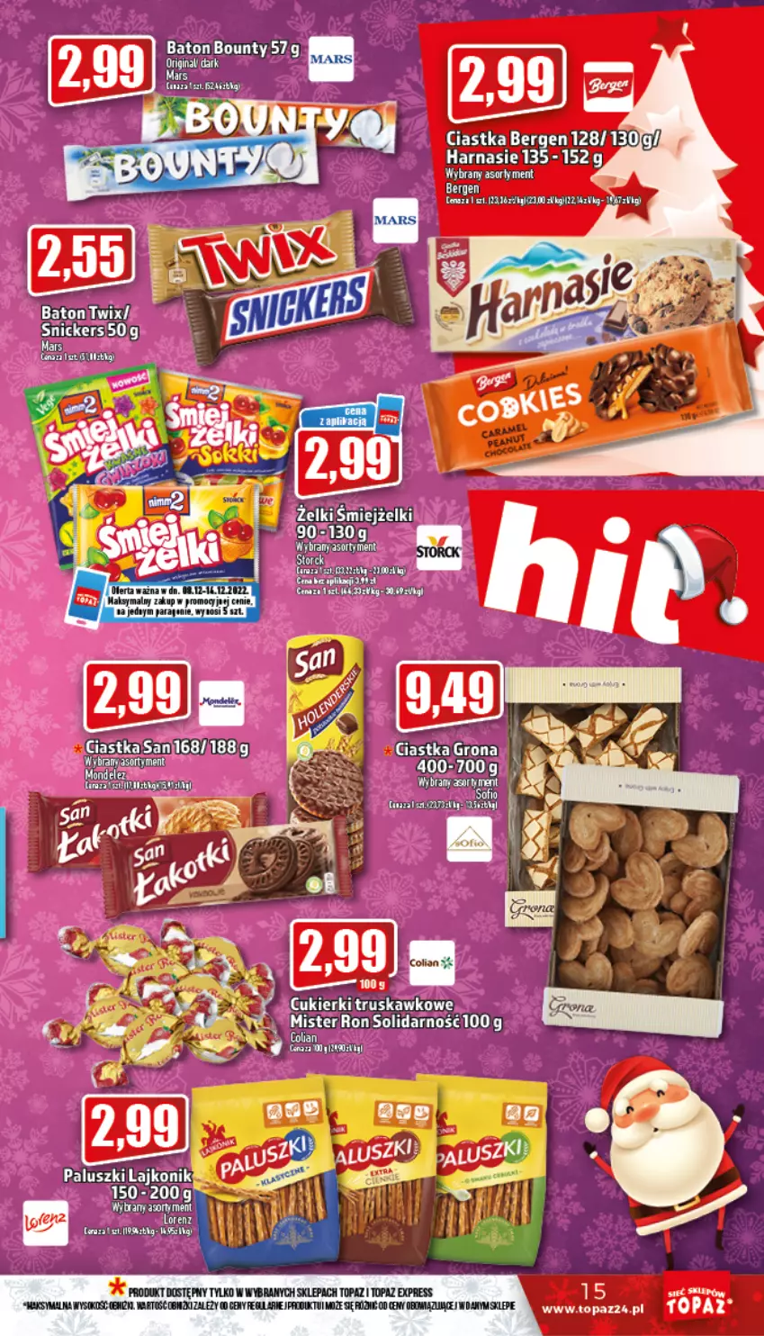 Gazetka promocyjna Topaz - Gazetka - ważna 08.12 do 14.12.2022 - strona 15 - produkty: Baton, Bounty, Ciastka, Cukier, Cukierki, Fa, Gin, Lajkonik, Mars, Snickers, Sok, Top, Twix