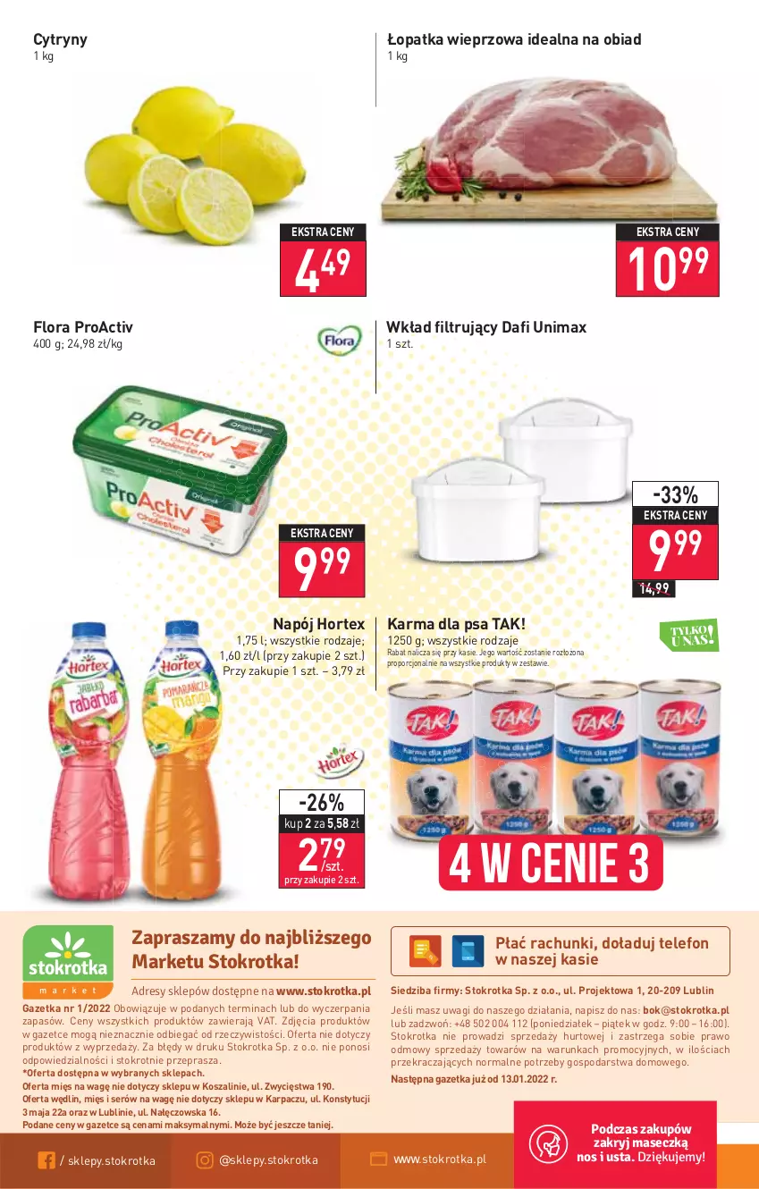 Gazetka promocyjna Stokrotka - Market - ważna 05.01 do 12.01.2022 - strona 12 - produkty: Cytryny, Flora, Hortex, Karp, Kosz, Napój, O nas, Por, Ser, Szal, Telefon, Wagi, Wkład filtrujący