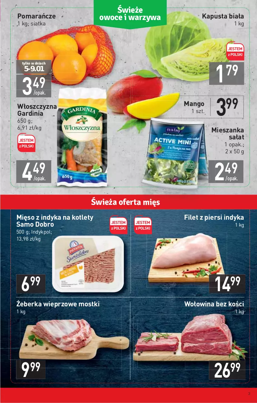 Gazetka promocyjna Stokrotka - Market - ważna 05.01 do 12.01.2022 - strona 3 - produkty: Filet z piersi indyka, Kotlet, Mango, Mięso, Mięso z indyka, Mieszanka sałat, Pomarańcze, Sałat, Siatka, Wołowina, Wołowina bez kości