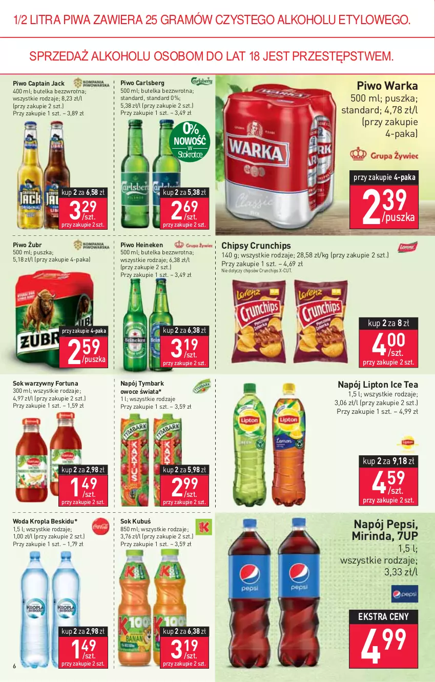 Gazetka promocyjna Stokrotka - Market - ważna 05.01 do 12.01.2022 - strona 6 - produkty: 7up, Captain Jack, Carlsberg, Chipsy, Crunchips, Fortuna, Gra, Heineken, Ice tea, Kubuś, Lipton, Mirinda, Napój, Owoce, Pepsi, Piwa, Piwo, Sok, Tymbark, Warka, Woda