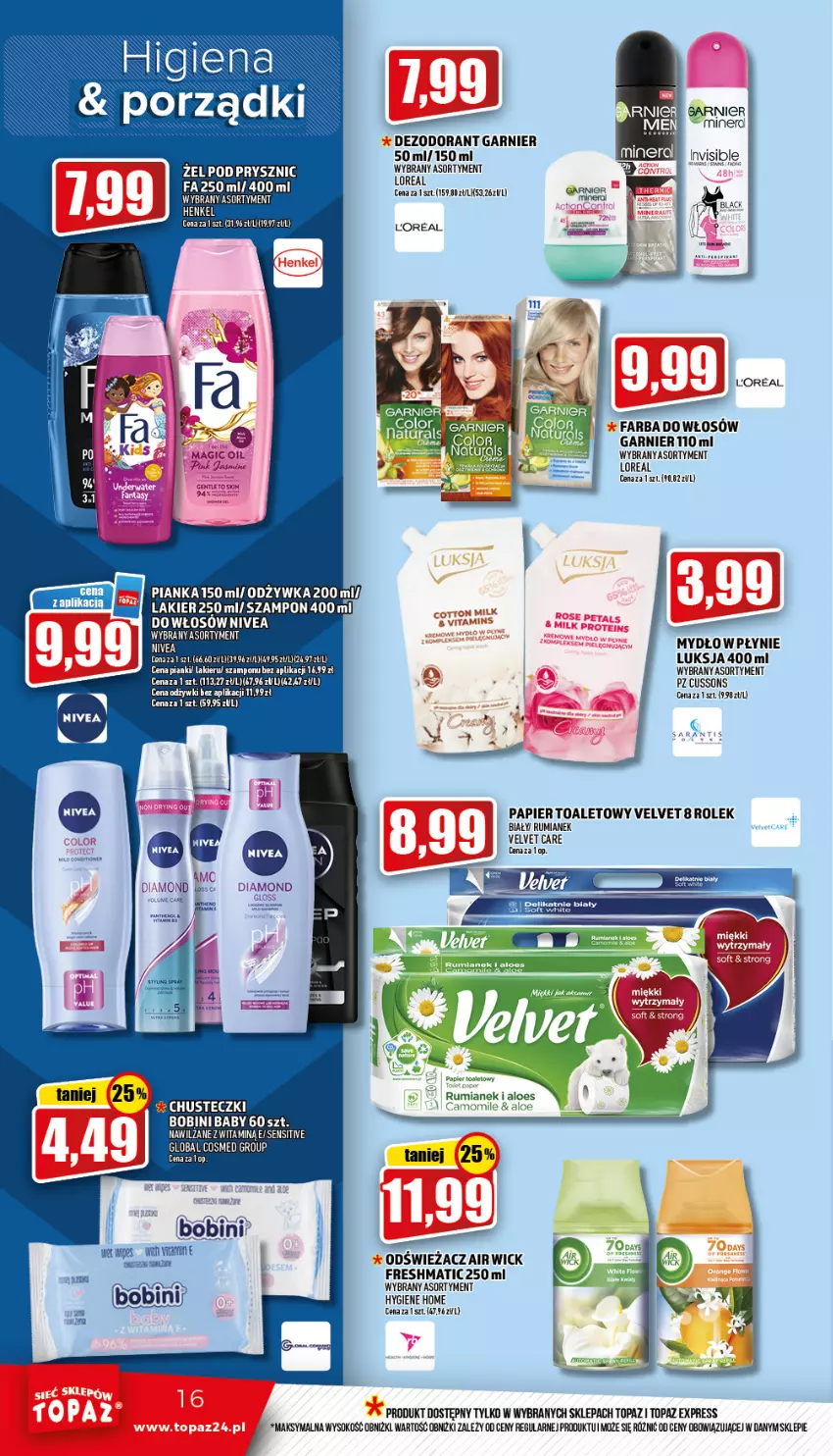 Gazetka promocyjna Topaz - Gazetka - ważna 10.03 do 16.03.2022 - strona 16 - produkty: Dezodorant, Fa, Farba do włosów, Garnier, IQOS, Luksja, Mydło, Papier, Papier toaletowy, Rum, Sok, Szampon, Top, Velvet