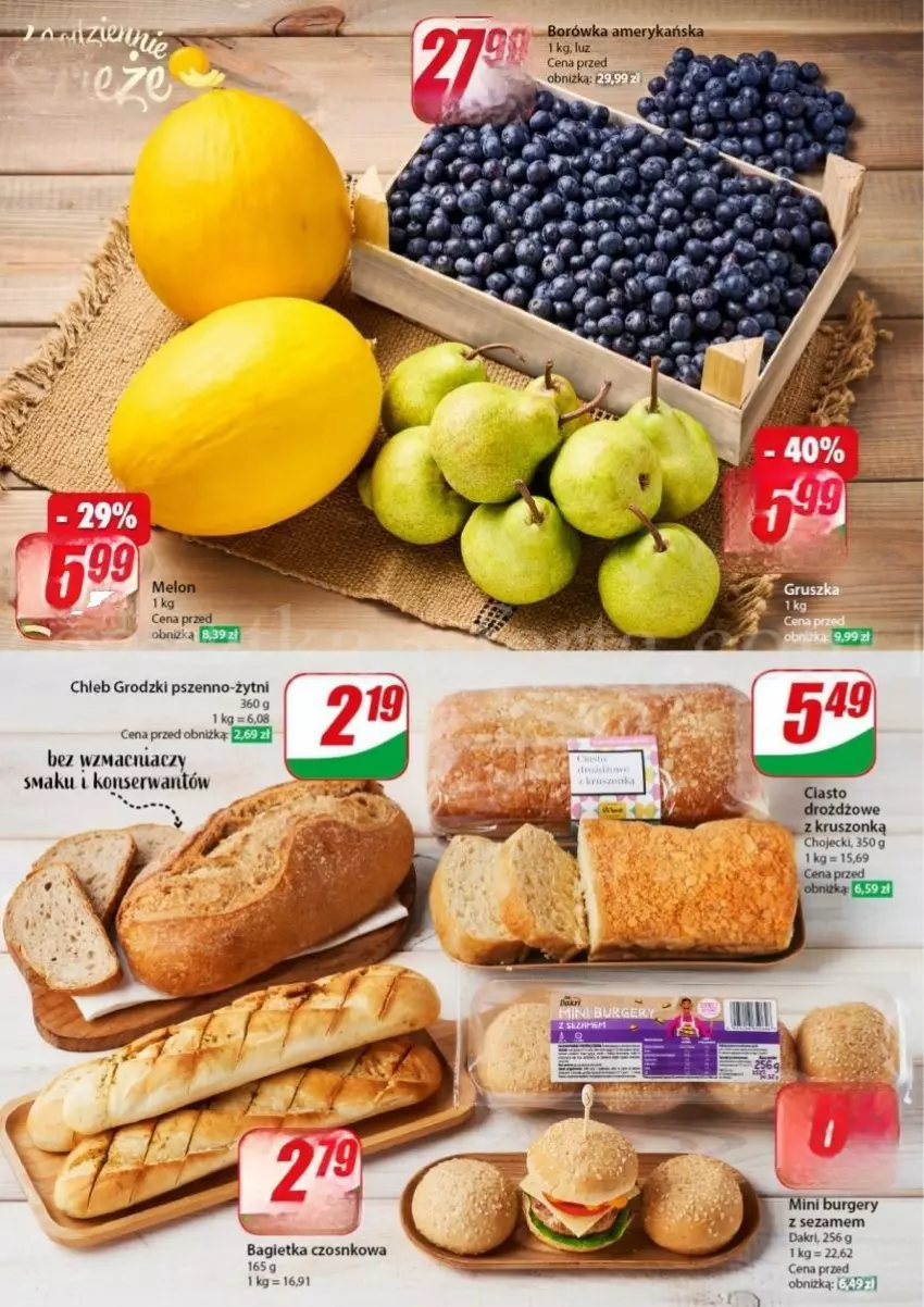 Gazetka promocyjna Dino - ważna 02.05 do 07.05.2024 - strona 4 - produkty: Bagietka, Bagietka czosnkowa, Borówka, Borówka amerykańska, Burger, Chleb, Melon, Ser, Sezam