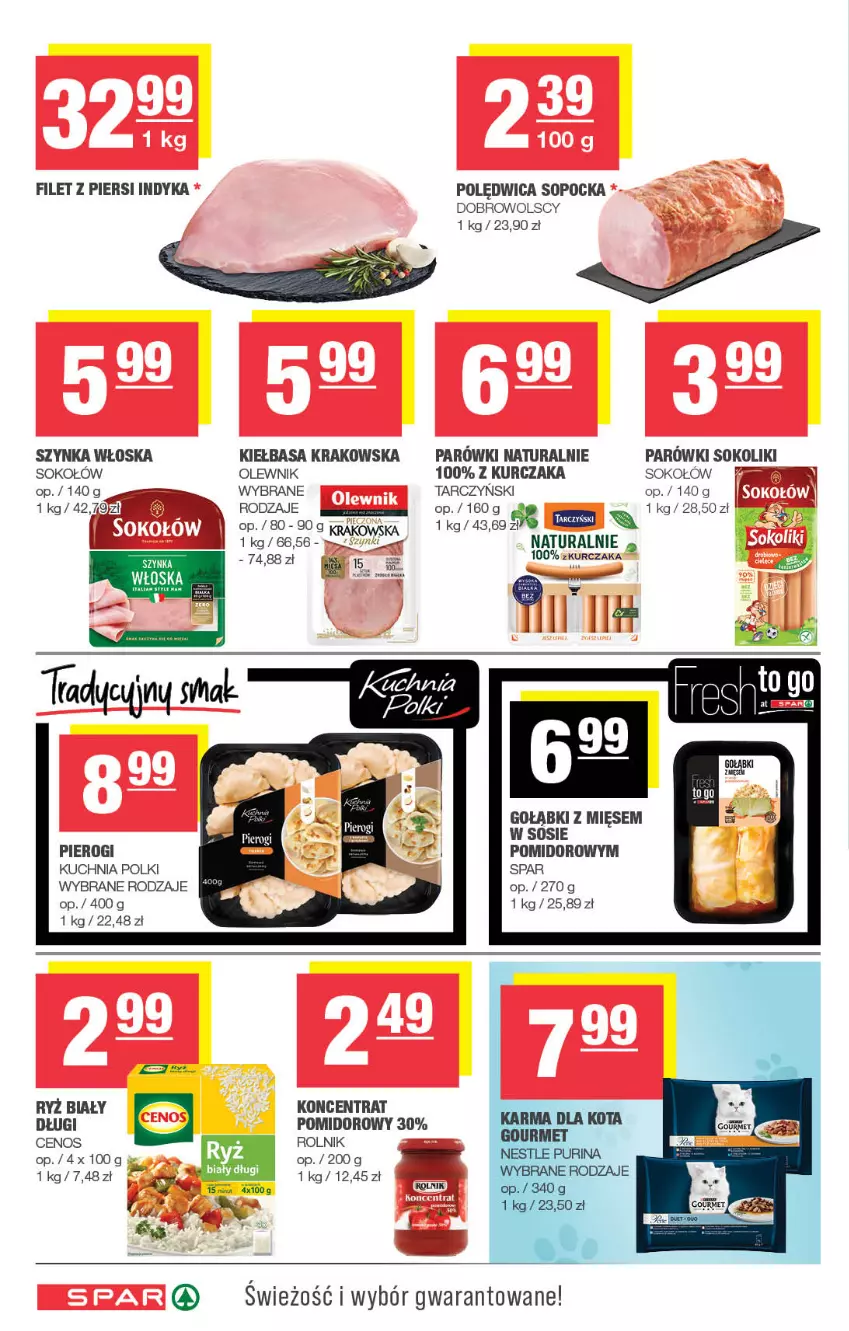 Gazetka promocyjna Spar - Spar - ważna 04.05 do 14.05.2025 - strona 4 - produkty: Cenos, Filet z piersi indyka, Kiełbasa, Kiełbasa krakowska, Kuchnia, Kurczak, Olewnik, Parówki, Parówki sokoliki, Pierogi, Polędwica, Rolnik, Ryż, Ryż biały, Sok, Sokołów, Sos, Szynka, Tarczyński