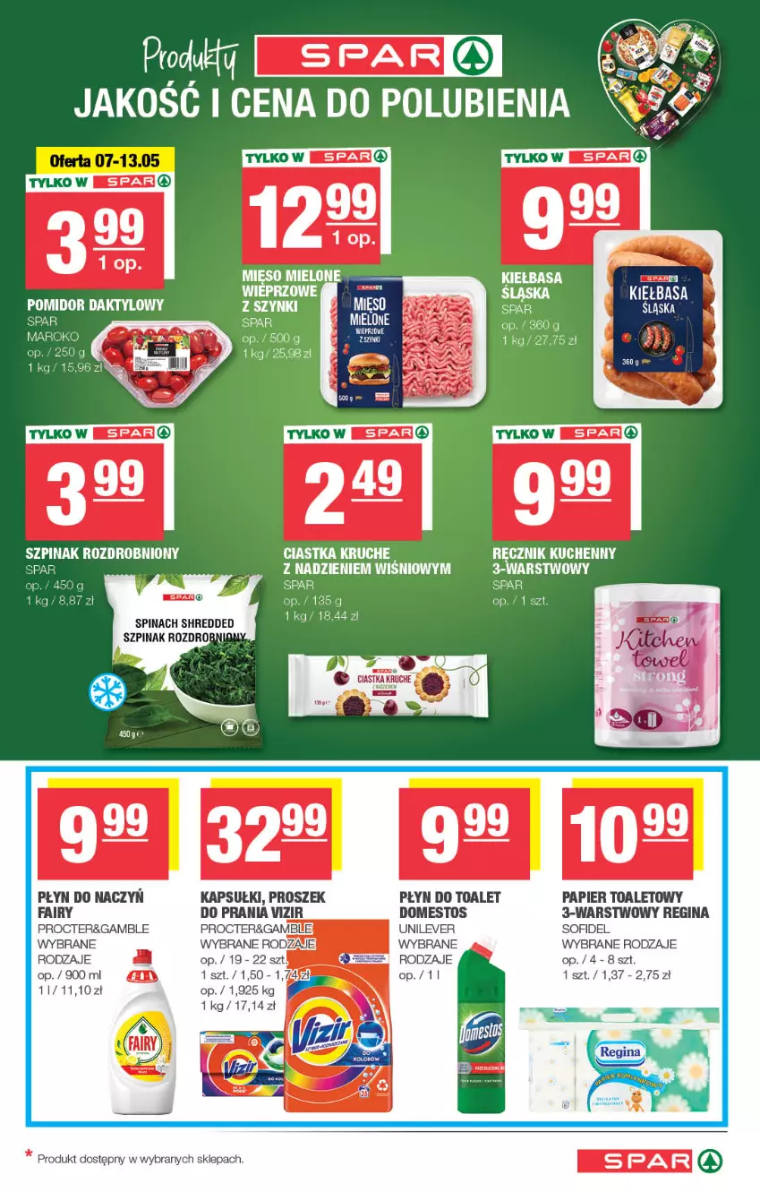 Gazetka promocyjna Spar - Spar - ważna 04.05 do 14.05.2025 - strona 5 - produkty: Domestos, Fa, Fairy, Gin, Kiełbasa, Mięso, Papier, Papier toaletowy, Ręcznik, Ręcznik kuchenny, Szpinak, Tera, Vizir
