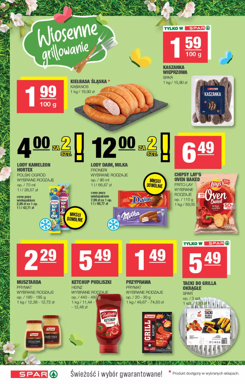 Gazetka promocyjna Spar - Spar - ważna 04.05 do 14.05.2025 - strona 6 - produkty: Chipsy, Eleo, Grill, Heinz, Hortex, Kabanos, Ketchup, Kiełbasa, Kiełbasa śląska, Leon, Lody, Milka, Mus, Musztarda, Ogród, Prymat, Pudliszki