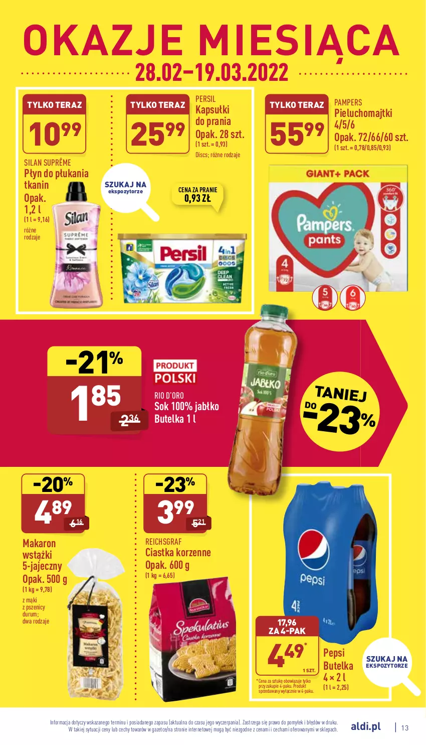 Gazetka promocyjna Aldi - Katalog spożywczy - ważna 07.03 do 12.03.2022 - strona 13 - produkty: Ciastka, Gra, Kapsułki do prania, Majtki, Makaron, Pampers, Pepsi, Persil, Pieluchomajtki, Płyn do płukania, Reichsgraf, Rum, Silan, Sok, Tera