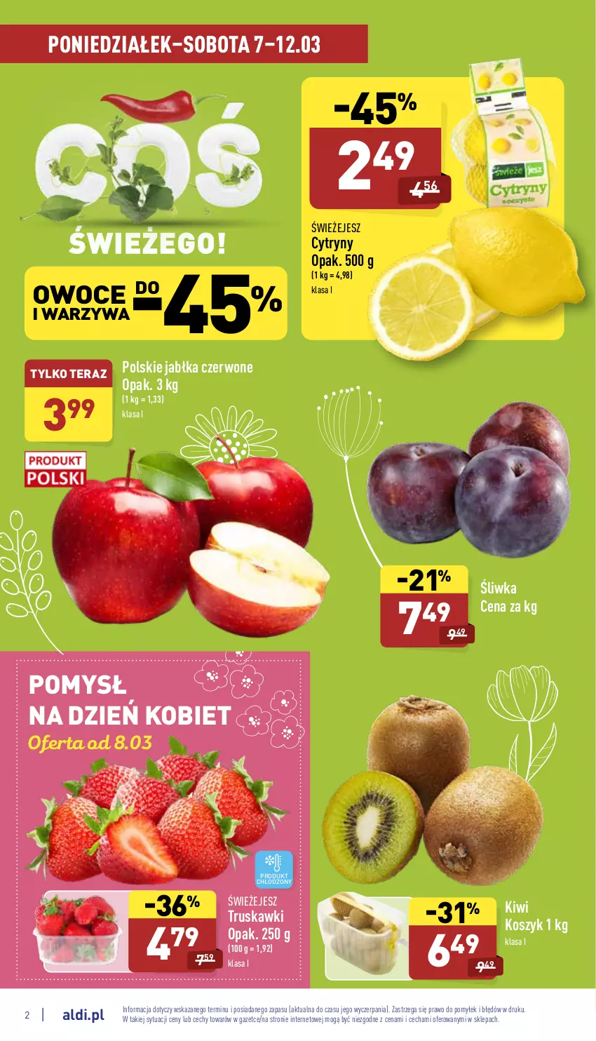 Gazetka promocyjna Aldi - Katalog spożywczy - ważna 07.03 do 12.03.2022 - strona 2 - produkty: Cytryny, Jabłka, Kiwi, Kosz, Owoce, Tera, Truskawki, Warzywa