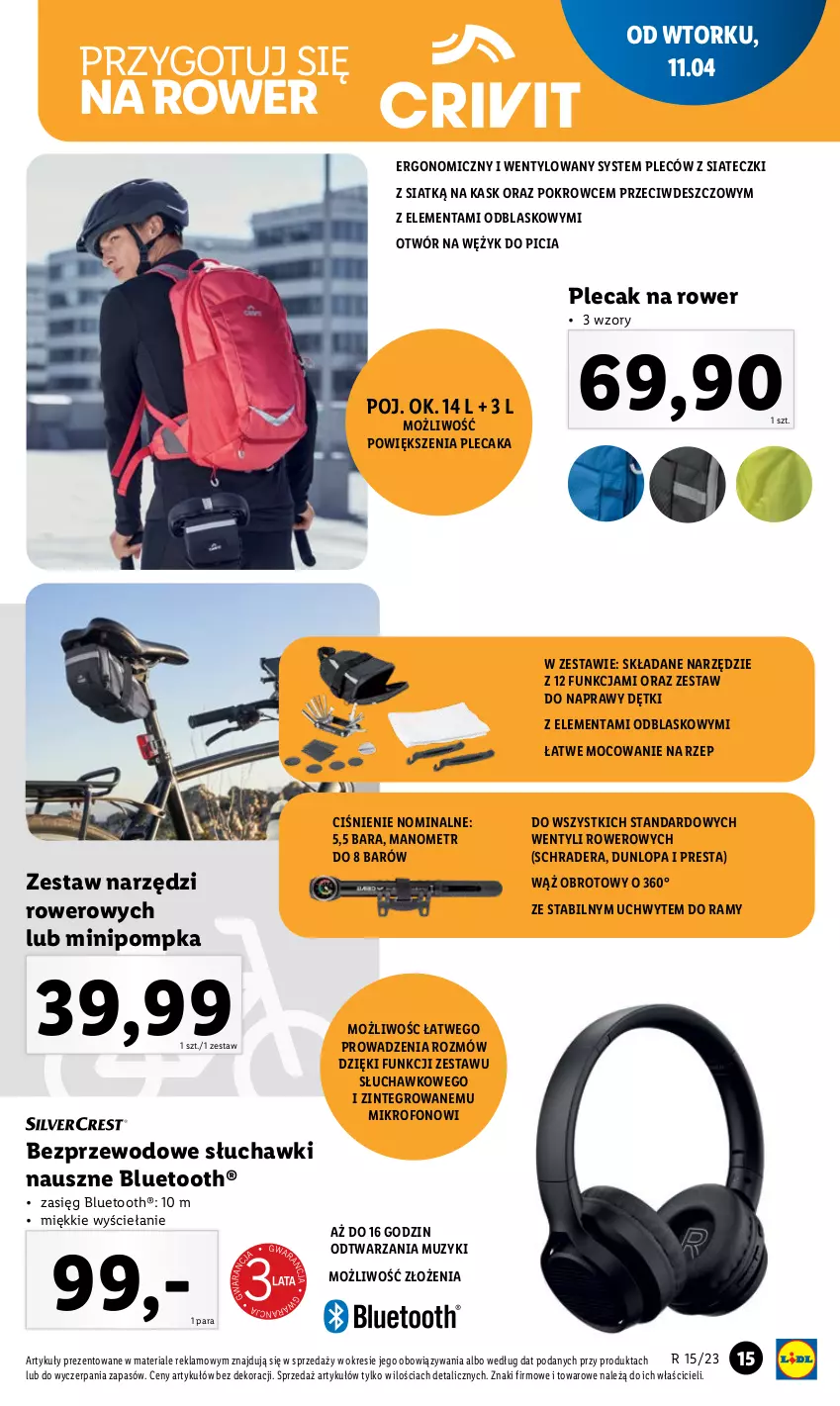 Gazetka promocyjna Lidl - GAZETKA - ważna 11.04 do 15.04.2023 - strona 17 - produkty: Kask, Mikrofon, Plecak, Pompka, Rower, Słuchawki, Zestaw narzędzi