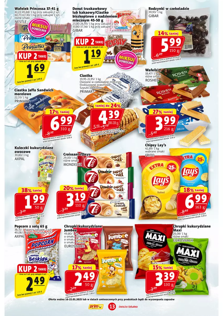 Gazetka promocyjna Prim Market - ważna 16.01 do 22.01.2025 - strona 13 - produkty: Chipsy, Chrupki, Ciastka, Donut, Fa, Gin, Kakao, Popcorn, Prima, Princessa, Rodzynki, Saga, Wafelek