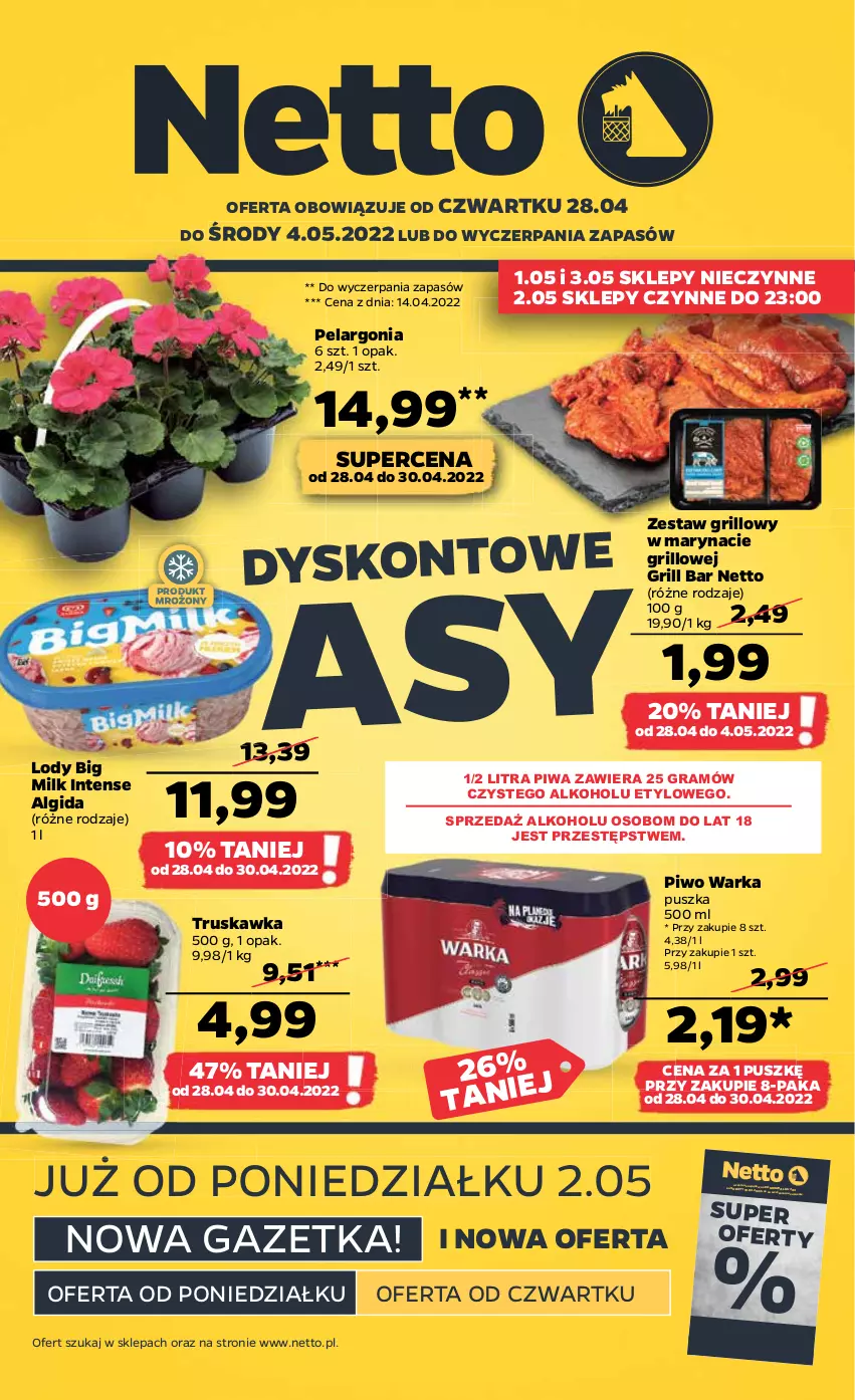 Gazetka promocyjna Netto - Gazetka spożywcza 28.04-4.05 - ważna 28.04 do 04.05.2022 - strona 1 - produkty: Algida, Big Milk, Gra, Grill, LG, Lody, Piwa, Piwo, Warka