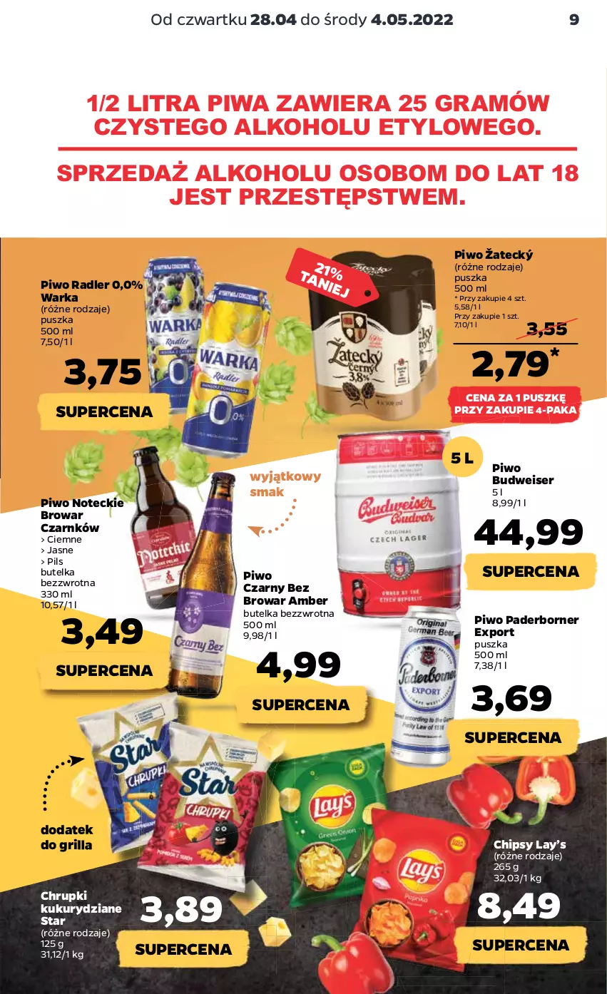 Gazetka promocyjna Netto - Gazetka spożywcza 28.04-4.05 - ważna 28.04 do 04.05.2022 - strona 9 - produkty: Chipsy, Chrupki, Gra, Grill, Lay’s, Piwa, Piwo, Por, Radler, Ser, Warka