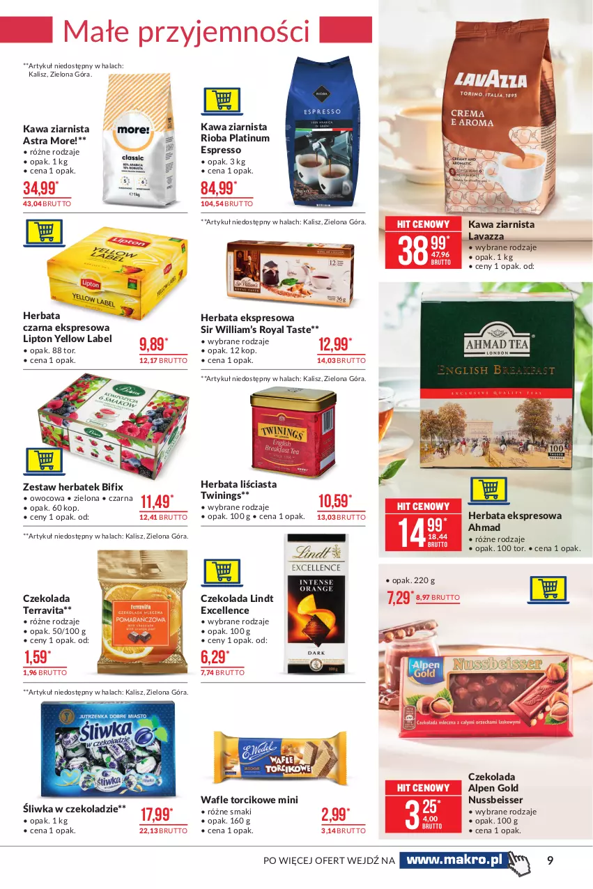 Gazetka promocyjna Makro - [Oferta promocyjna] Artykuły spożywcze - ważna 01.06 do 14.06.2021 - strona 9 - produkty: Czekolada, Herbata, Herbata czarna, Kawa, Kawa ziarnista, Lavazza, Lindt, Lipton, Rioba, Ser, Wafle