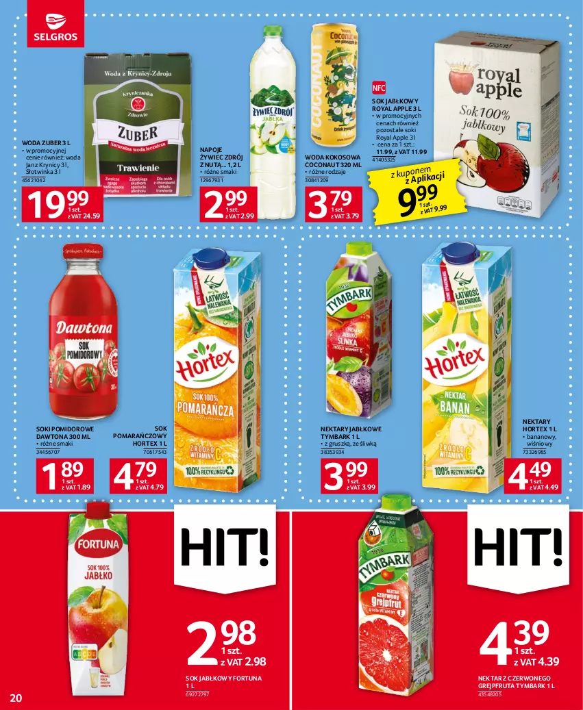 Gazetka promocyjna Selgros - Oferta spożywcza - ważna 15.06 do 28.06.2023 - strona 20 - produkty: Dawtona, Fortuna, Grejpfrut, Hortex, Inka, Kokos, Napoje, Nektar, Sok, Sok jabłkowy, Sok pomarańczowy, Tymbark, Woda