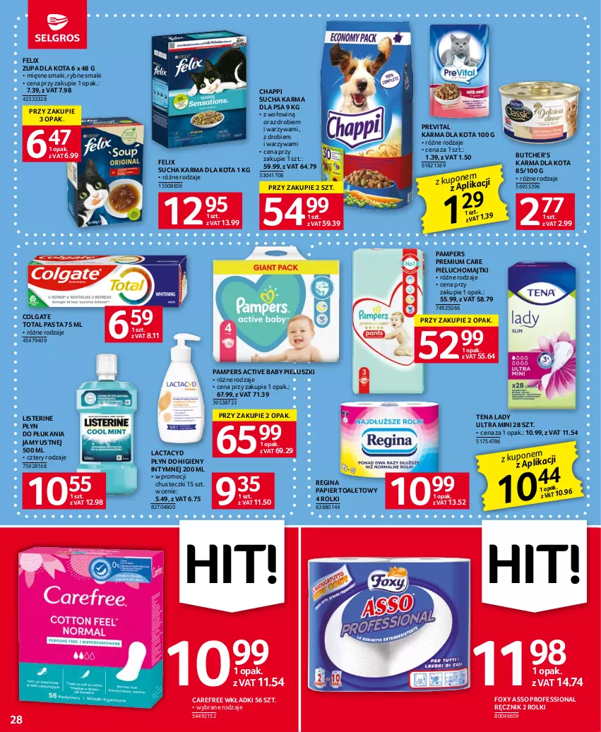 Gazetka promocyjna Selgros - Oferta spożywcza - ważna 15.06 do 28.06.2023 - strona 28 - produkty: Carefree, Chappi, Chusteczki, Colgate, Colgate Total, Felix, Foxy, Gin, Lactacyd, LG, Listerine, Majtki, Pampers, Papier, Papier toaletowy, Pieluchomajtki, Płyn do higieny intymnej, Płyn do płukania, Płyn do płukania jamy ustnej, Ręcznik, Rolki, Sucha karma, Warzywa, Wkładki, Zupa