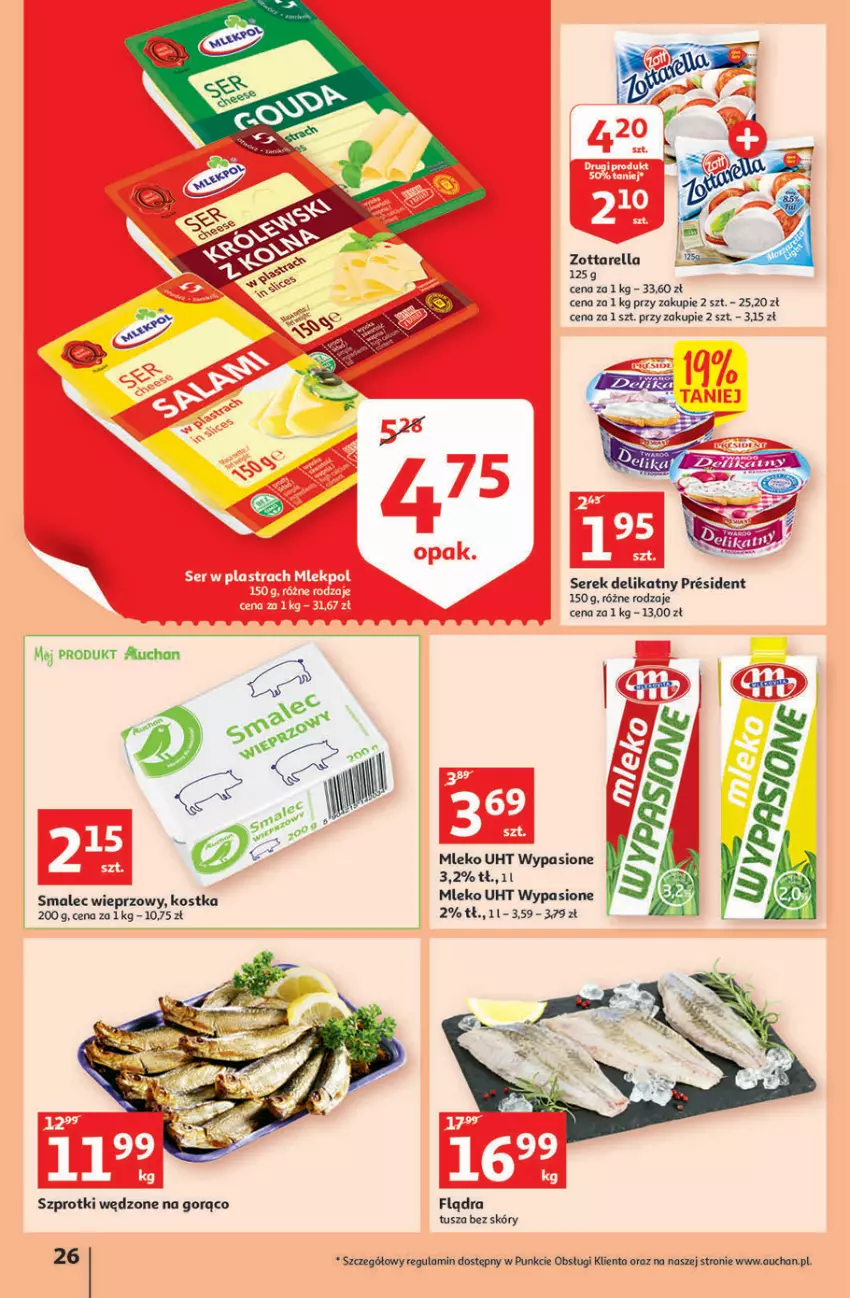 Gazetka promocyjna Auchan - Szkoła oszczędzania Hipermarkety 25-31.08 - ważna 25.08 do 31.08.2022 - strona 26 - produkty: Mleko, Ser, Serek, Smalec, Szprot, Tusz, Zott, Zottarella