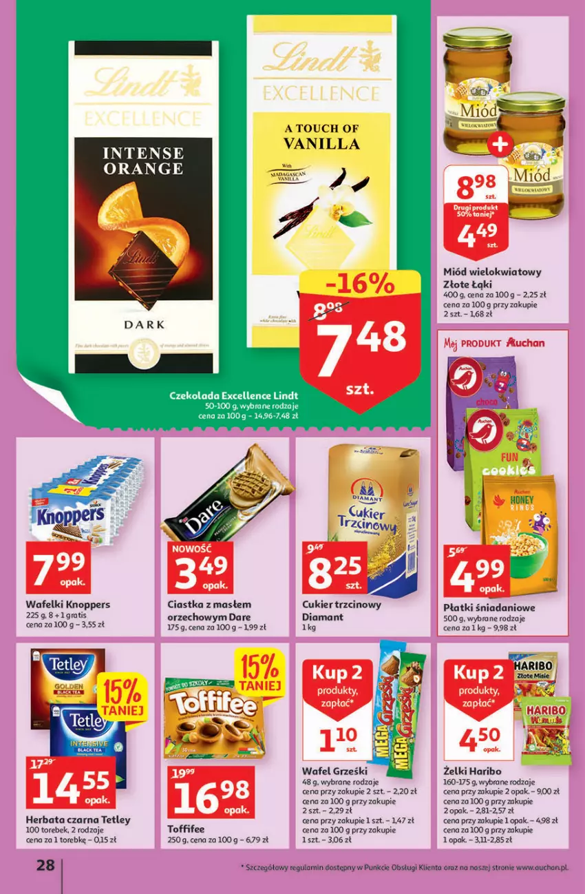 Gazetka promocyjna Auchan - Szkoła oszczędzania Hipermarkety 25-31.08 - ważna 25.08 do 31.08.2022 - strona 28 - produkty: Ciastka, Cukier, Cukier trzcinowy, Danio, Diamant, Gra, Grześki, Haribo, Herbata, Herbata czarna, Knoppers, LG, Miód, Tetley, Toffifee