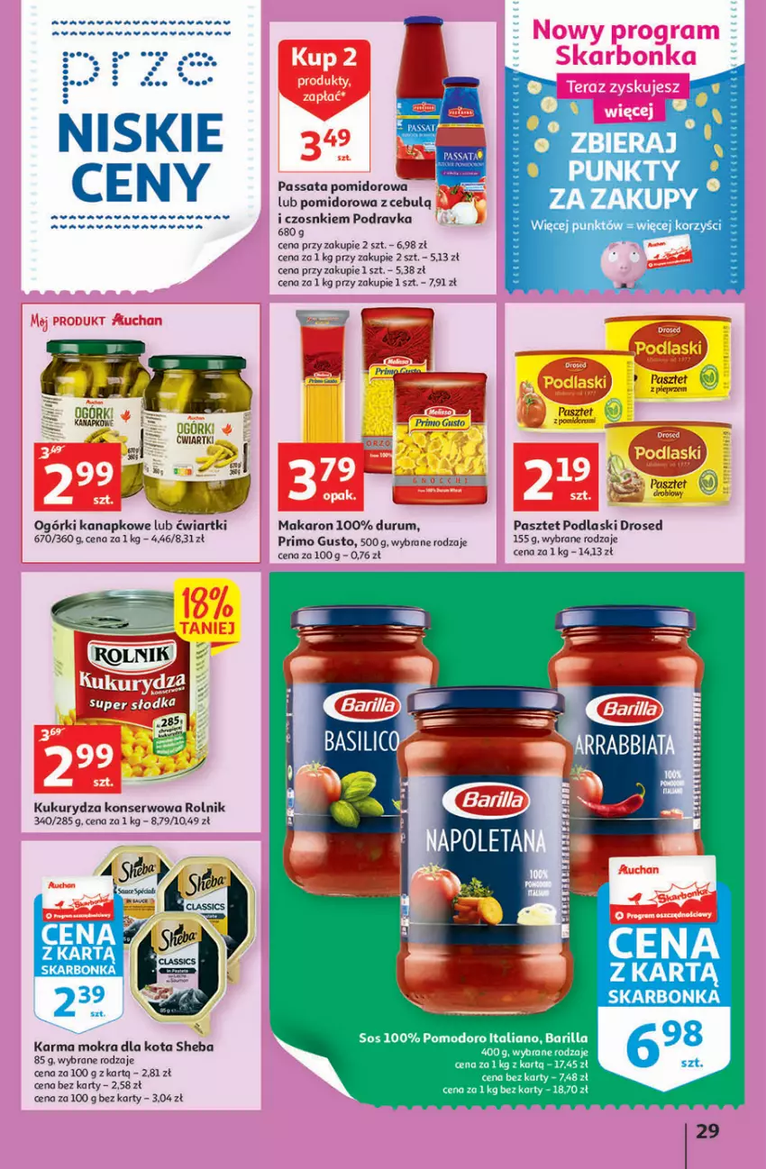 Gazetka promocyjna Auchan - Szkoła oszczędzania Hipermarkety 25-31.08 - ważna 25.08 do 31.08.2022 - strona 29 - produkty: Barilla, Fa, Kukurydza, Kukurydza konserwowa, Makaron, Pasztet, Pieprz, Podlaski, Podravka, Rolnik, Rum, Ser, Sheba, Sos